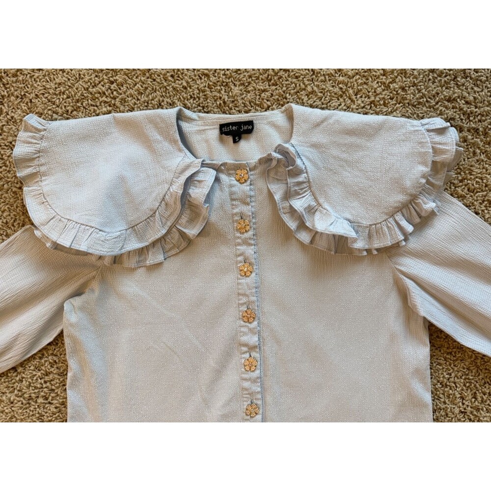 Sister Jane Women's Puritan Collar Blouse Ruffles Rhinestone Floral Buttons - Picture 3 of 15